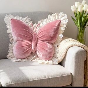 Charming Pink Butterfly Pillow with Lace
